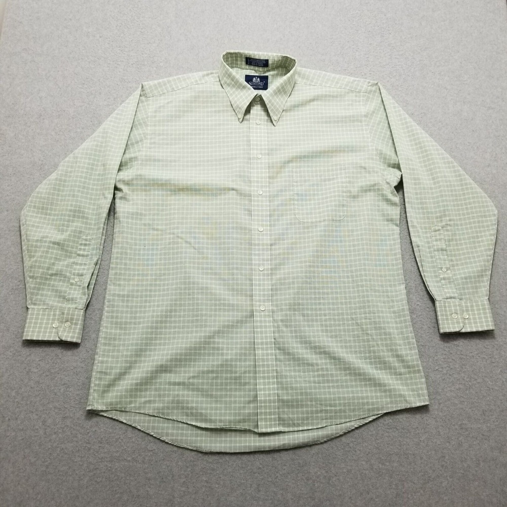 Stafford Shirt Mens 17‎ 34/35 Green Check Button Up Long Sleeve Pocket Casual